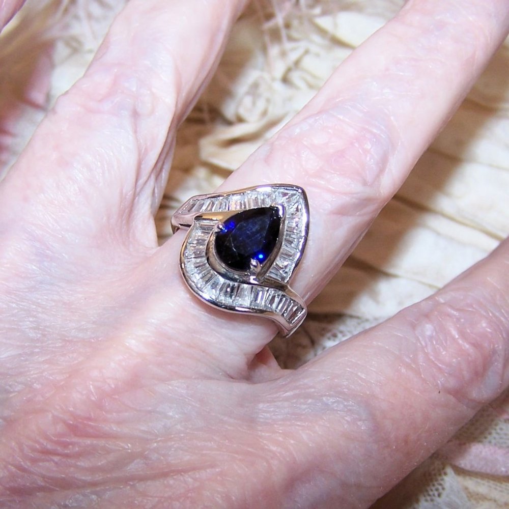 Sterling Silver Blue & Clear Cubic Zirconia CZ Cocktail Ring - Size 10